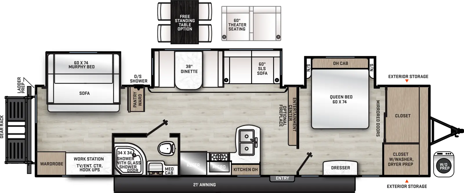 The Catalina Legacy Edition 343BHTS-DEN floorplan has one entry and three slide outs. Exterior features include: metal exterior and 21' awning. Interiors features include: free-standing dinette option, front bedroom and murphy bed.